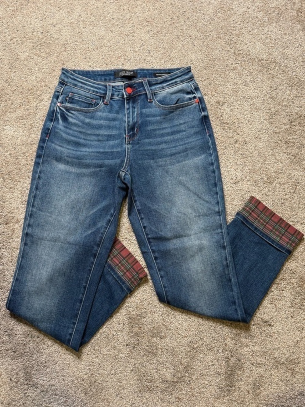 Judy Blue Blue Boyfriend Skinny Jeans with Plaid Cuff